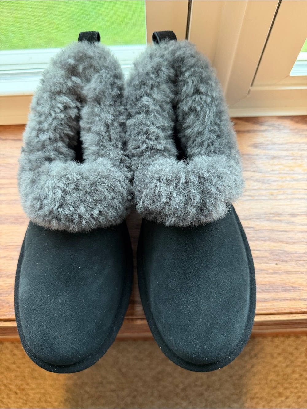 UGG Black Suede Slip-On Slippers with Gray Shearling Cuff